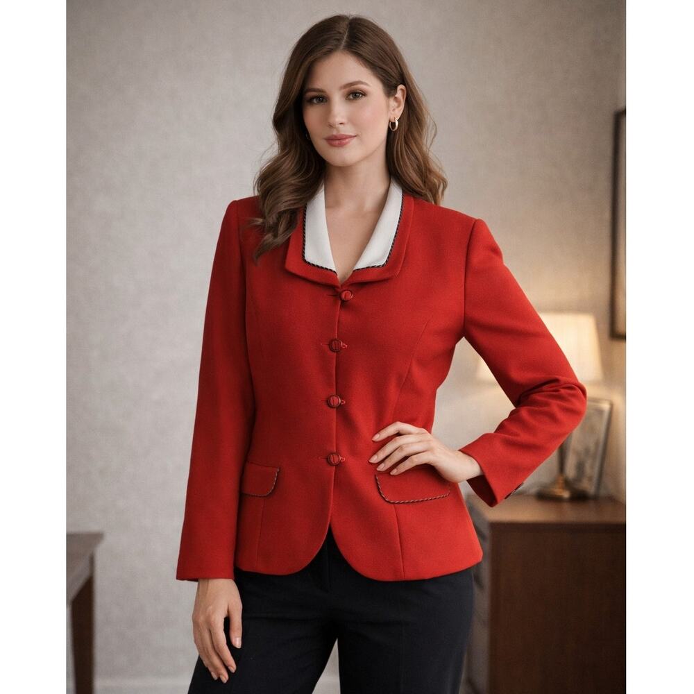 Vintage 80s Red Blazer White Contrast Made USA Preppy Career Holiday Jacket